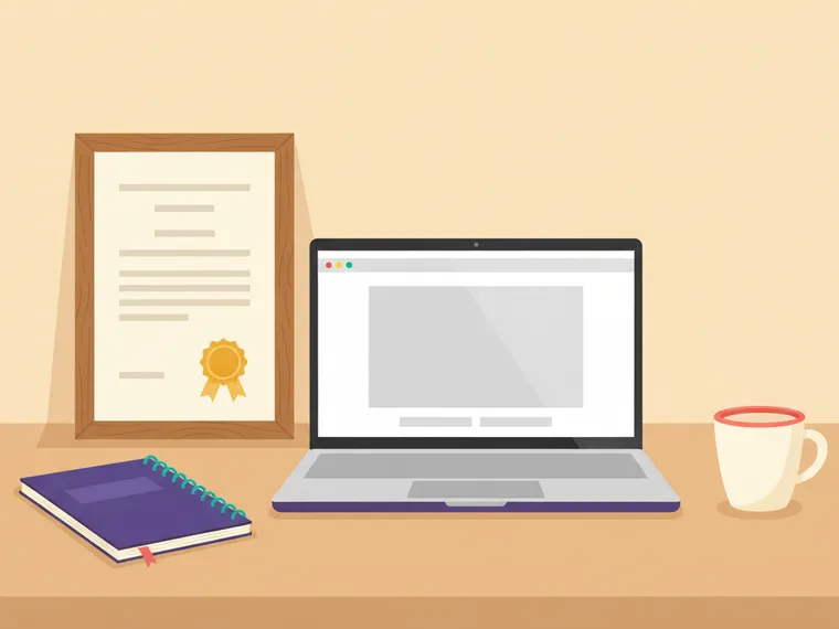 Home desk with an open laptop showing an online class, a purple notebook, a coffee mug and a framed certificate with a gold seal