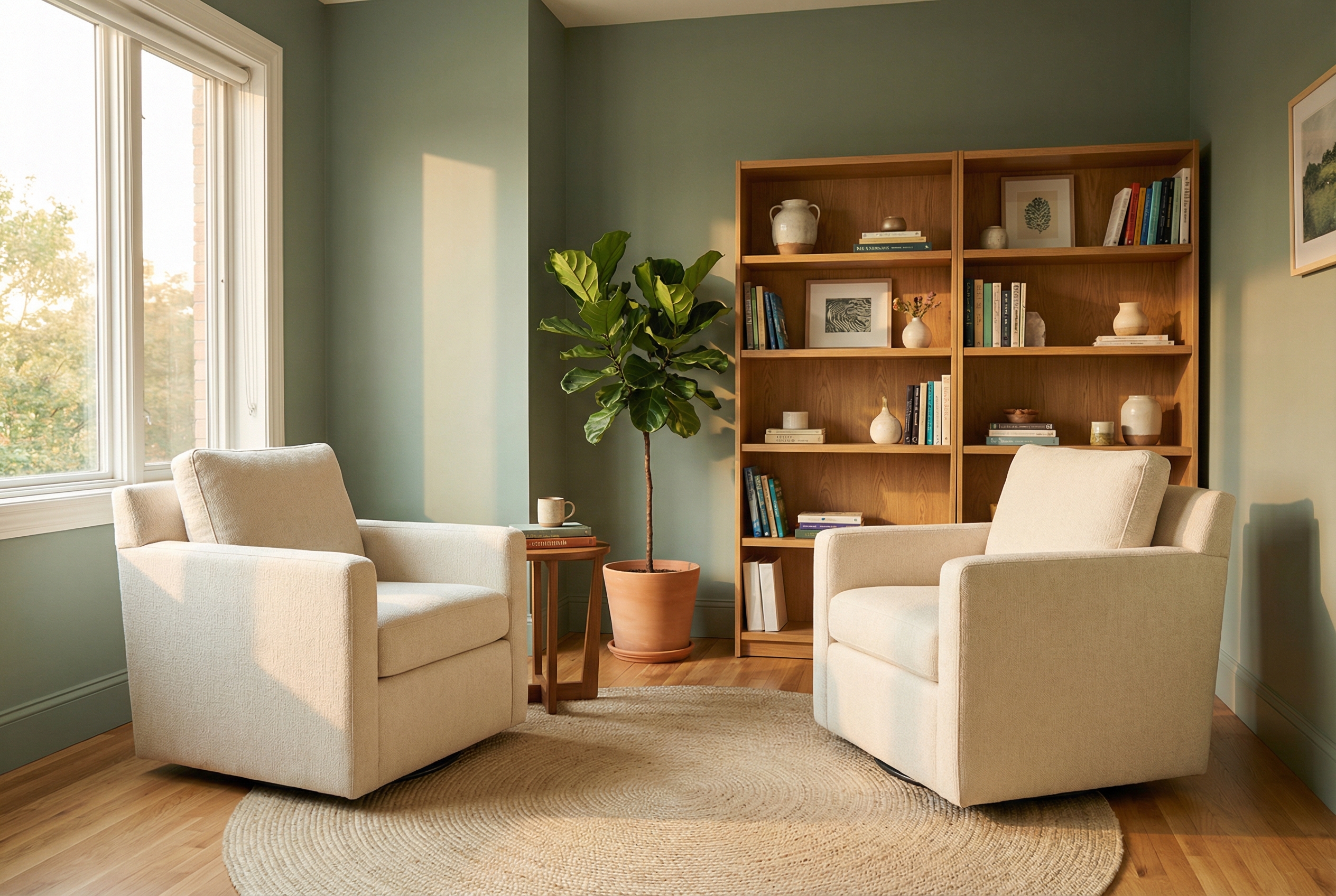 A therapist's office with two comfortable chairs, bookshelves, and warm lighting